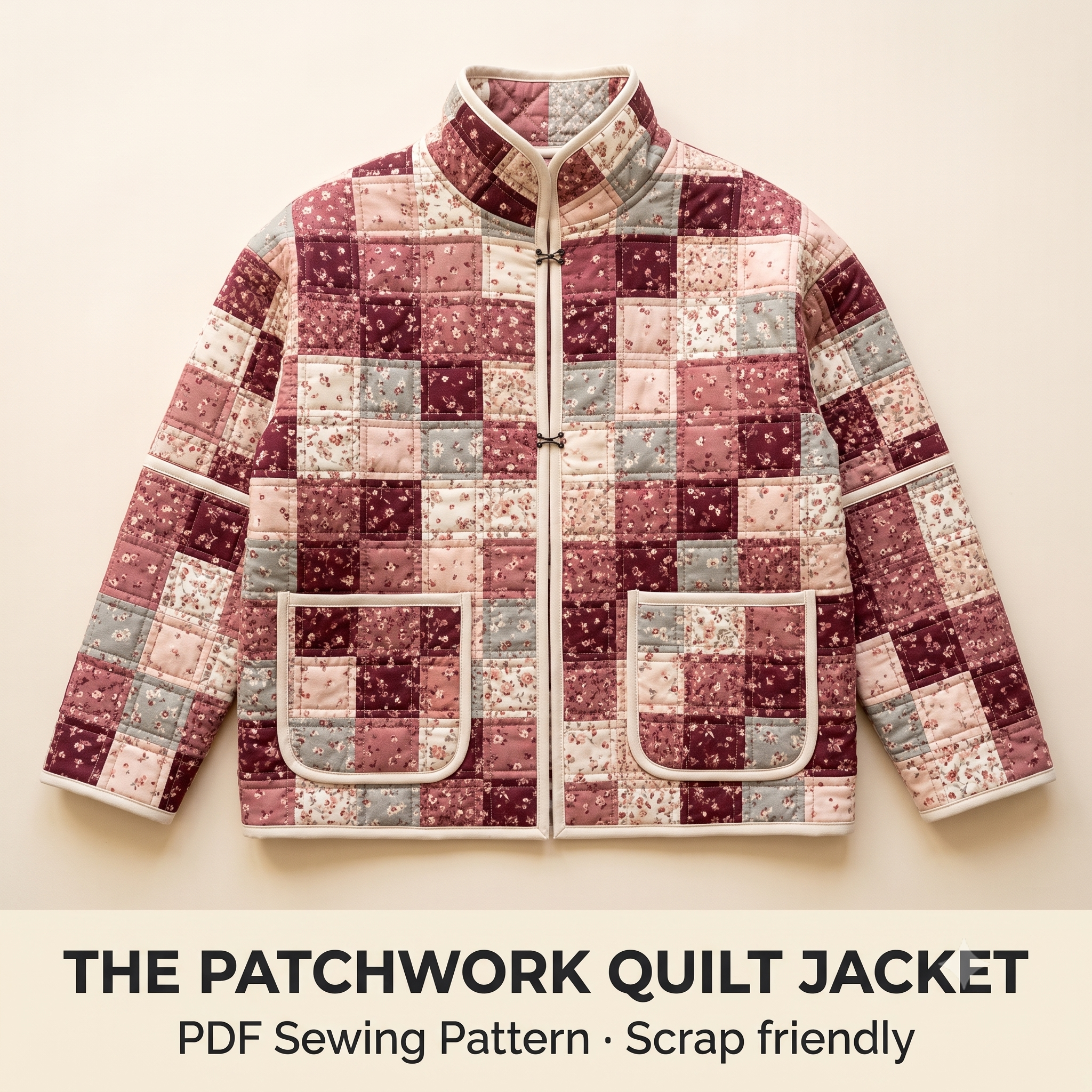 Patchwork Quilt Jacket Sewing Pattern PDF | Scrap Busting Quilt Coat | Stand Collar, Patch Pockets
