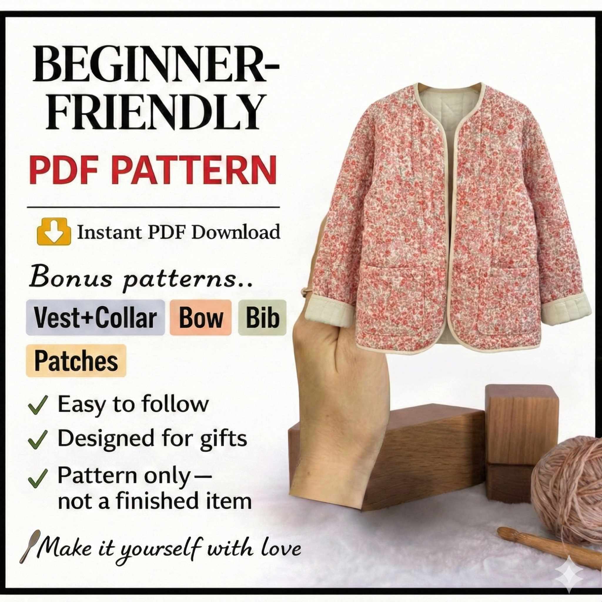 Quilted Jacket Beginner Sewing Pattern | Sizes XXS-5XL | Jacket Cardigan Pattern | INSTANT DOWNLOAD