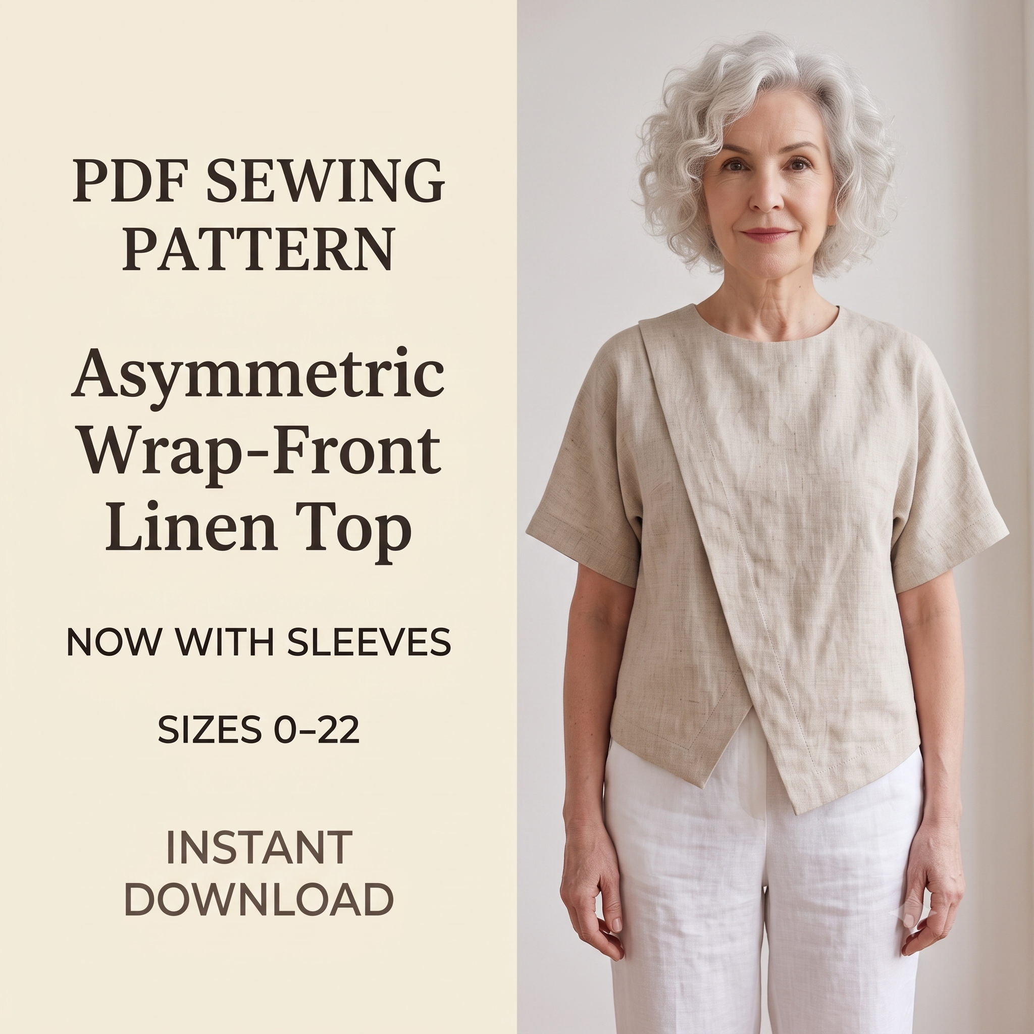 Asymmetric Wrap Top Sewing Pattern PDF, 2 Sleeve Options Sleeveless or Short Sleeve, Linen Blouse Pattern, Sizes 0-22, Instant Download